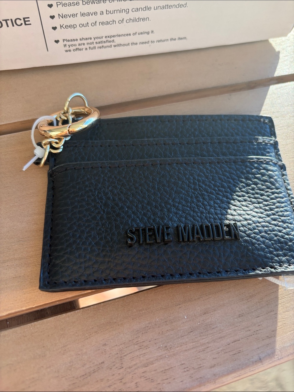 Steve Madden Black Pebbled Leather Card Holder with Gold Keyring